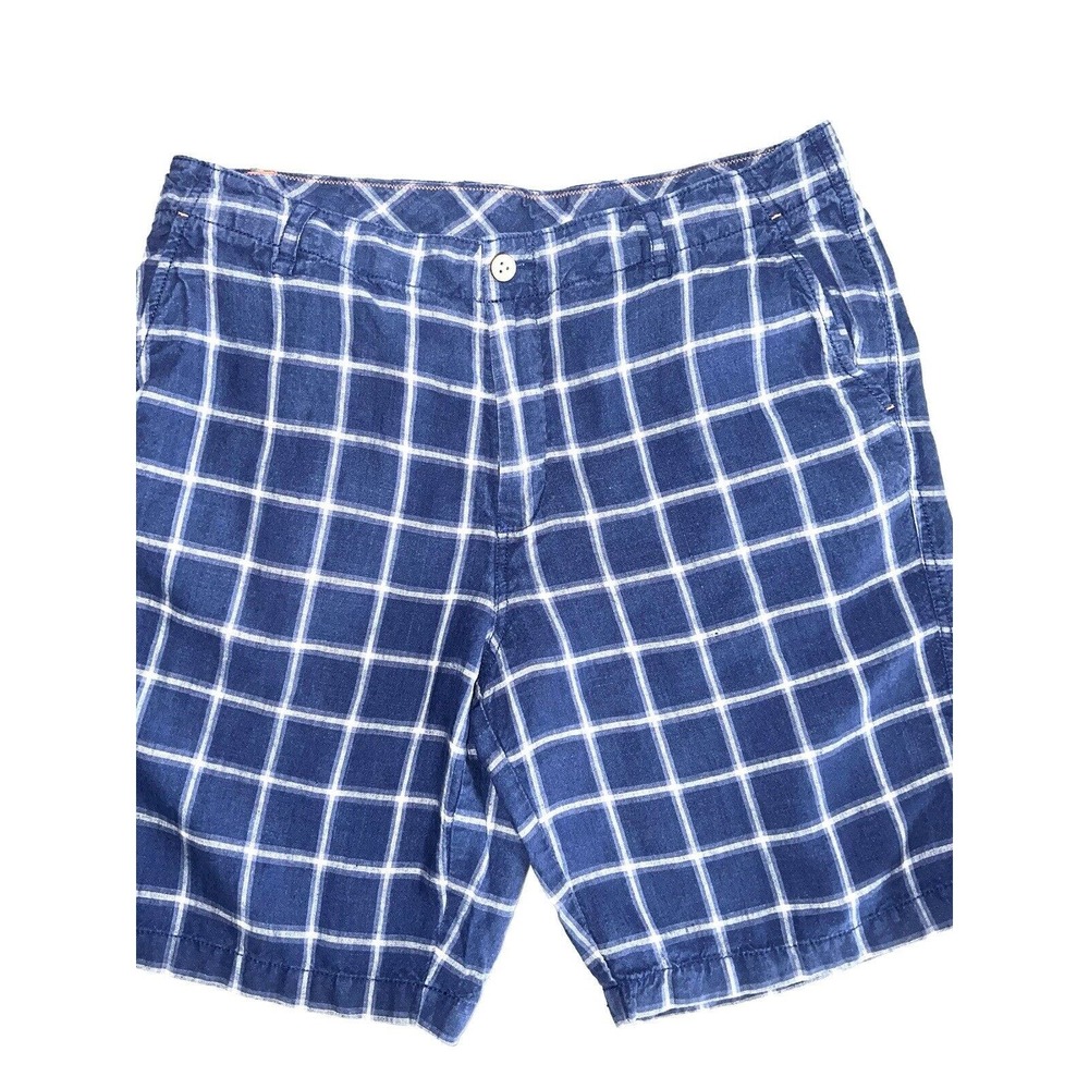 TOMMY BAHAMA BLUE WHITE CHECK LINEN SHORTS SIZE 34 ORANGE ACCENT STITCHING